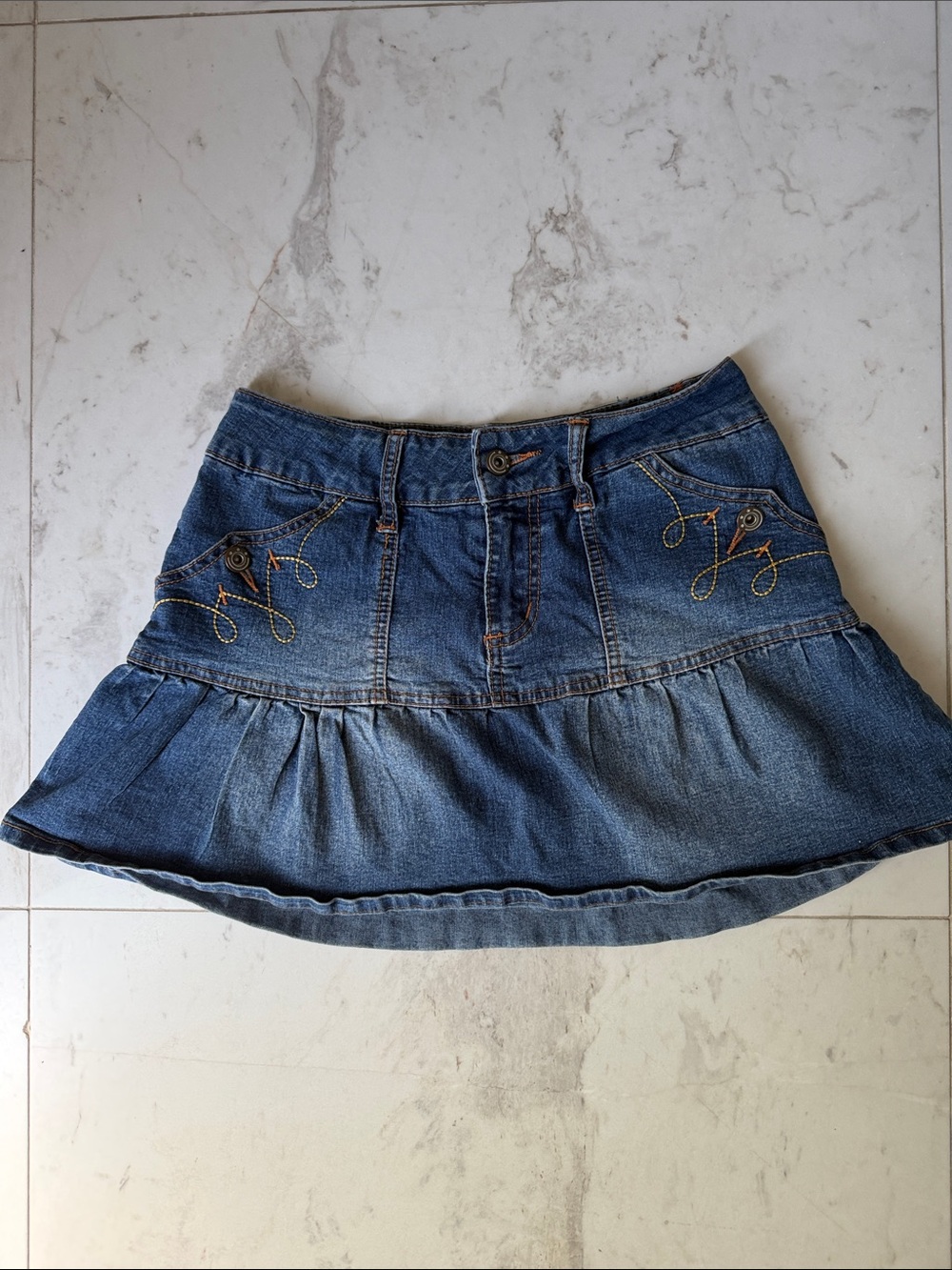 Denim Y2K Ruffle Mini Skirt - Blue with Embroidered Detail